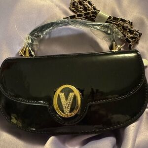 Valentino Orlandi Elegant Black Handbag with Gold Accents/ Detachable Crossbody